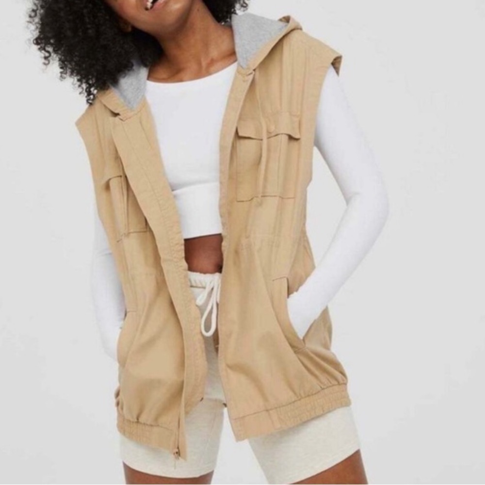 Offline by Aerie Tan Hooded Zip Front Cargo Unisex Vest